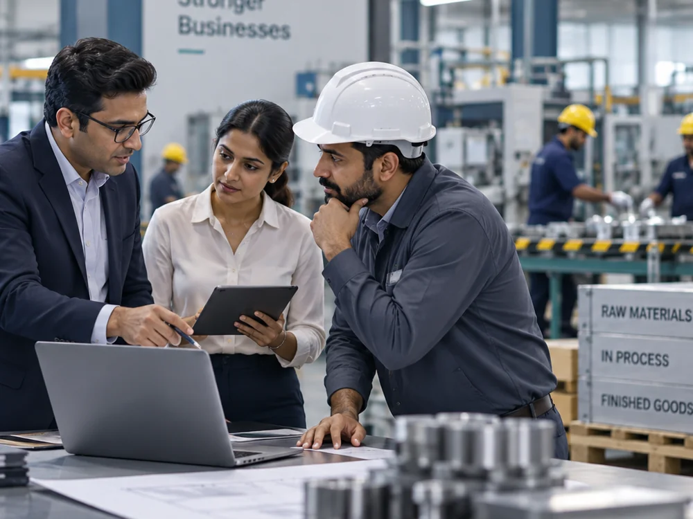 Concept illustration: an adviser and production team reviewing operational information on a factory floor.