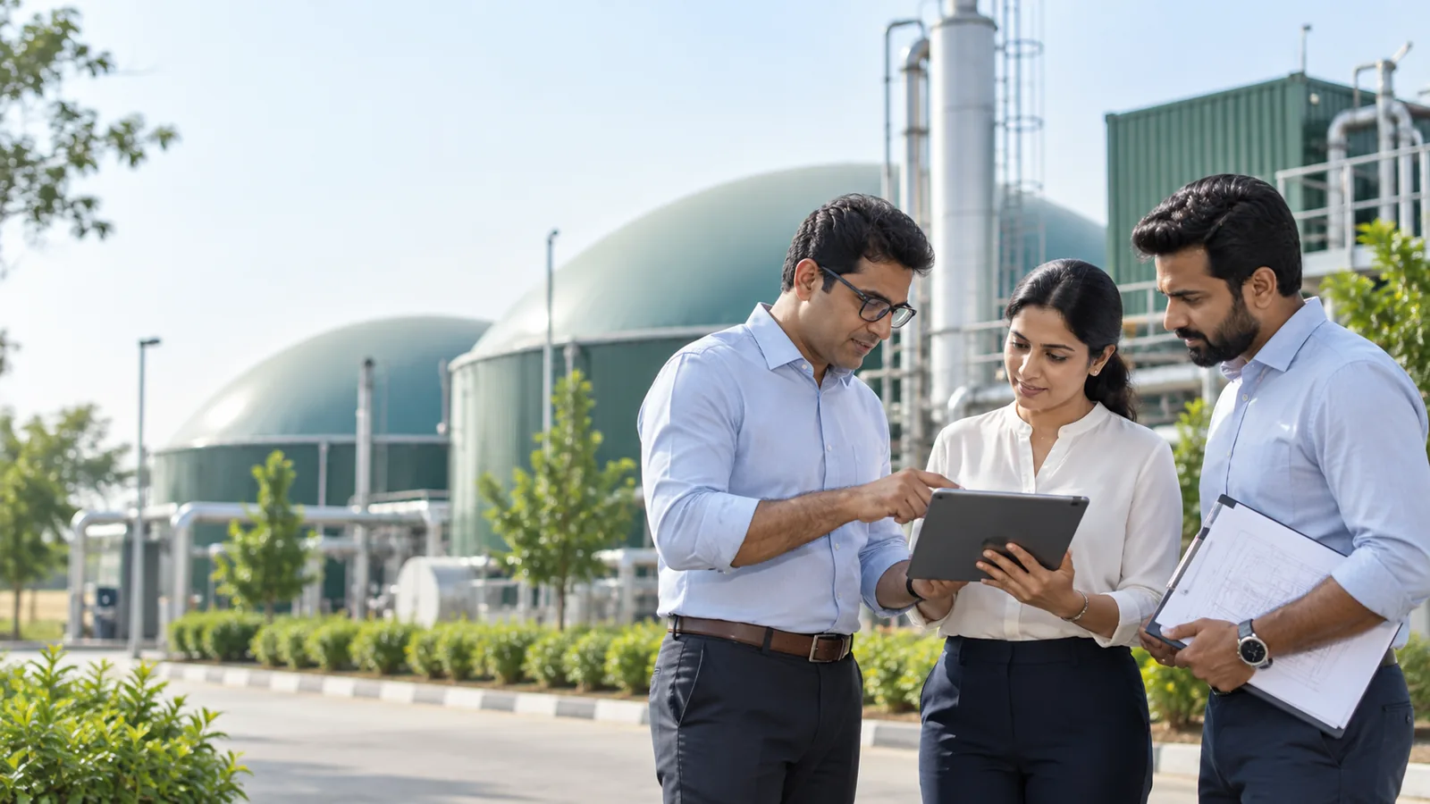 Concept illustration: a renewable-energy project discussion outside biogas digesters.